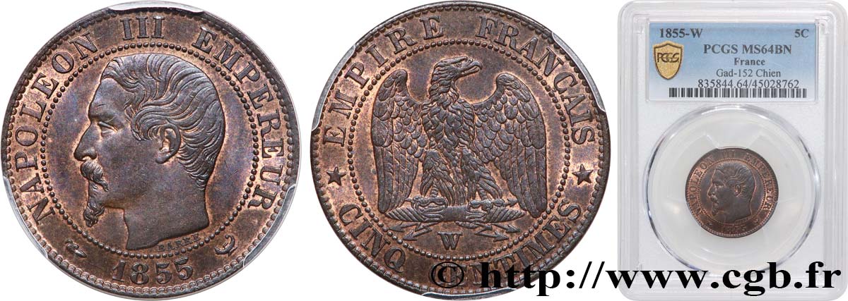 Cinq centimes Napoléon III, tête nue 1855 Lille F.116/28 SPL64 PCGS