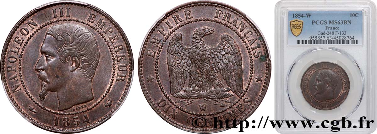 Dix centimes Napoléon III, tête nue 1854 Lille F.133/18 SC63 PCGS