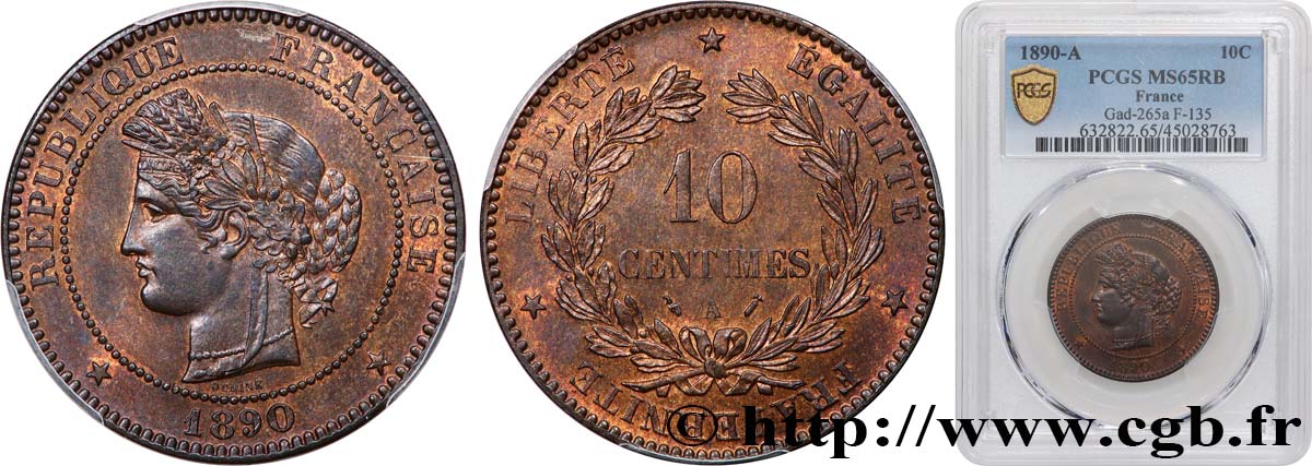 10 centimes Cérès 1890 Paris F.135/35 MS65 PCGS