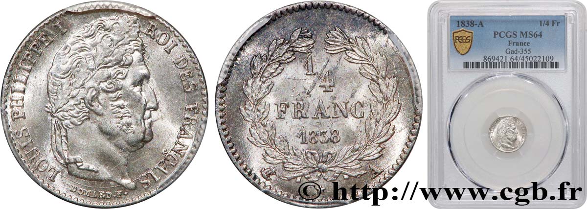 1/4 franc Louis-Philippe 1838 Paris F.166/69 MS64 PCGS
