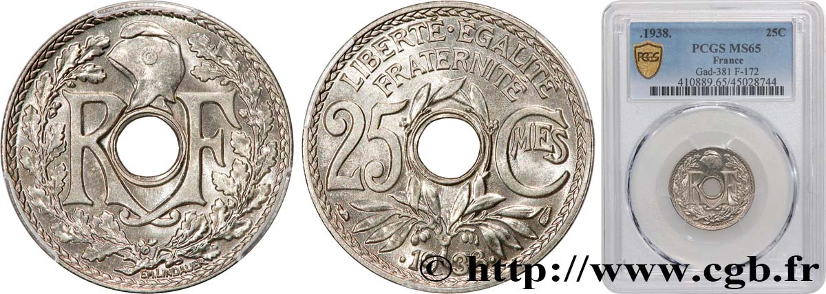 25 centimes Lindauer, maillechort 1938  F.172/2 FDC65 PCGS
