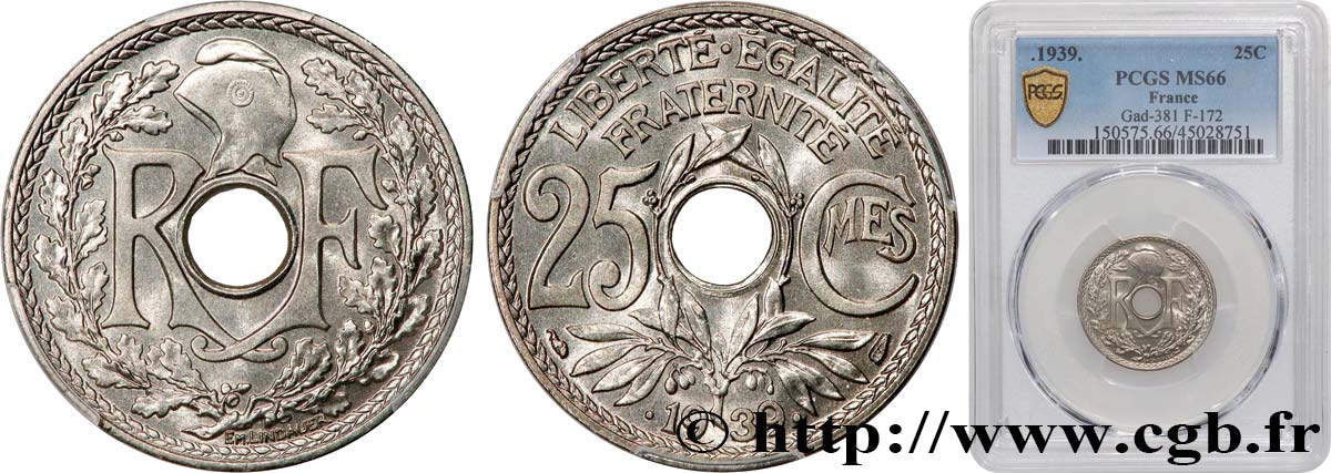 25 centimes Lindauer, maillechort 1939  F.172/3 ST66 PCGS