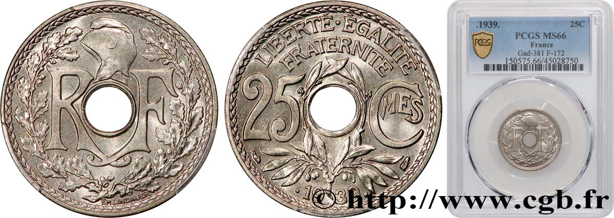25 centimes Lindauer, maillechort 1939  F.172/3 ST66 PCGS