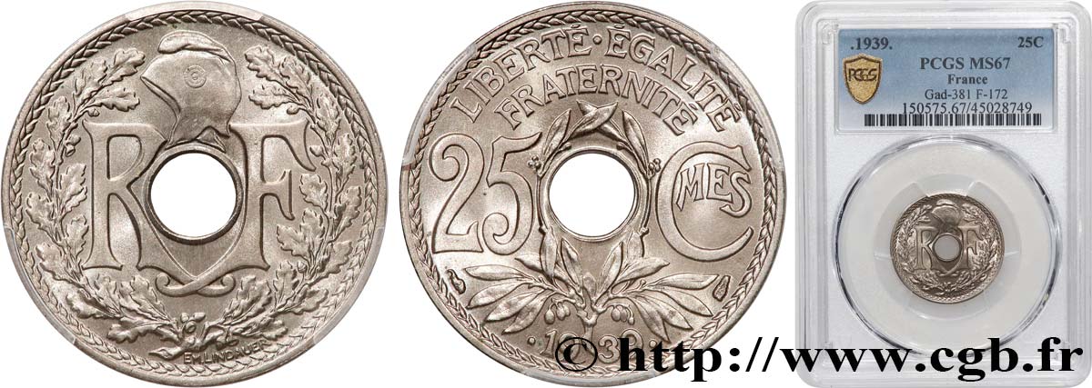 25 centimes Lindauer, maillechort 1939  F.172/3 FDC67 PCGS