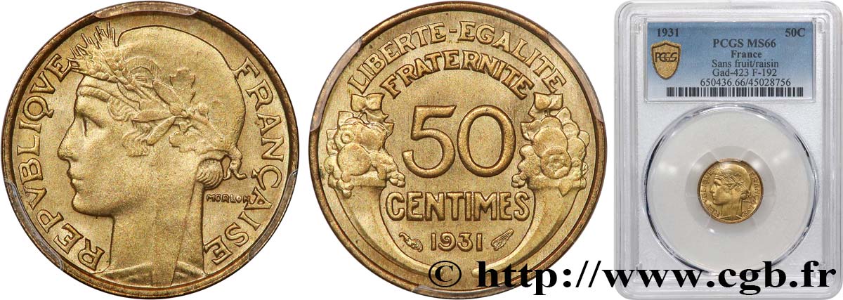 50 centimes Morlon 1931  F.192/3 ST66 PCGS
