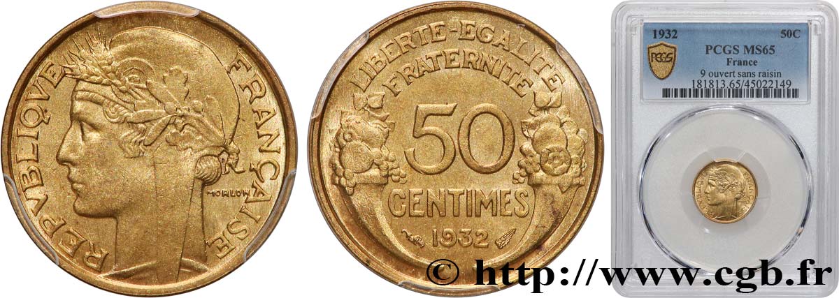 50 centimes Morlon, sans raisin ni fruit, 9 et 2 ouverts 1932  F.192/8 ST65 PCGS