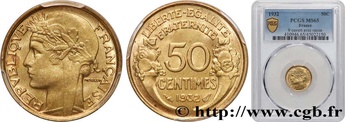 50 centimes Morlon, avec raisin, 9 et 2 ouverts 1932  F.192/7 FDC65 PCGS