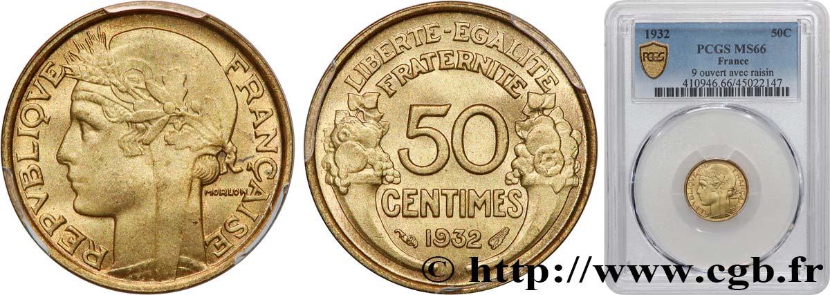 50 centimes Morlon, avec raisin, 9 et 2 ouverts 1932  F.192/7 ST66 PCGS