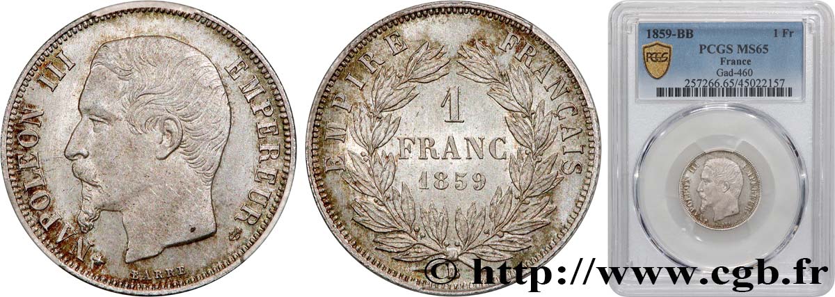 1 franc Napoléon III, tête nue  1859 Strasbourg F.214/13 FDC65 PCGS