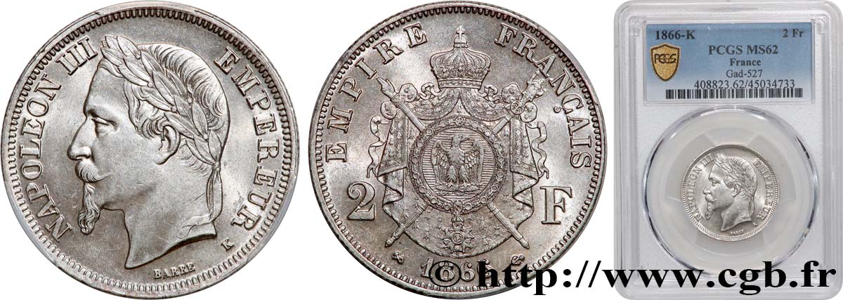 2 francs Napoléon III, tête laurée 1866 Bordeaux F.263/4 MS62 PCGS