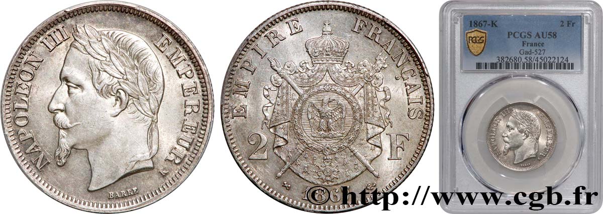 2 francs Napoléon III, tête laurée 1867 Bordeaux F.263/7 EBC58 PCGS