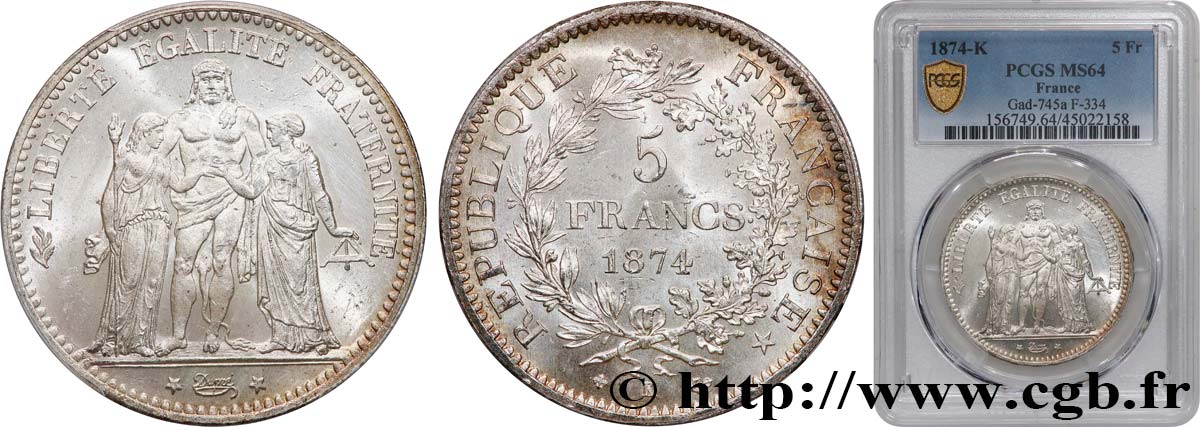 5 francs Hercule 1874 Bordeaux F.334/13 MS64 PCGS