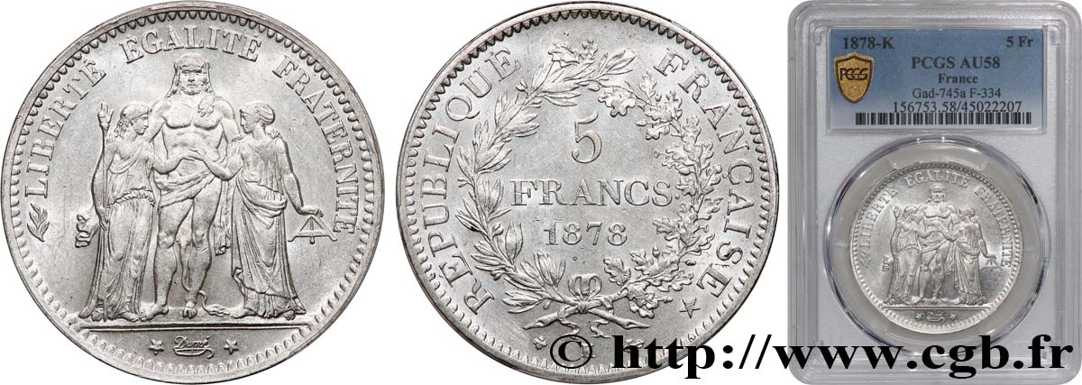 5 francs Hercule 1878 Bordeaux F.334/23 AU58 PCGS