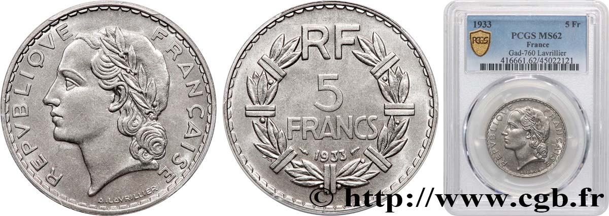 5 francs Lavrillier, nickel 1933  F.336/2 MS62 PCGS
