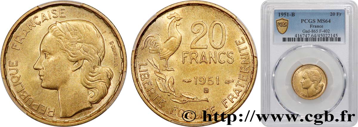 20 francs G. Guiraud 1951 Beaumont-Le-Roger F.402/8 fST64 PCGS