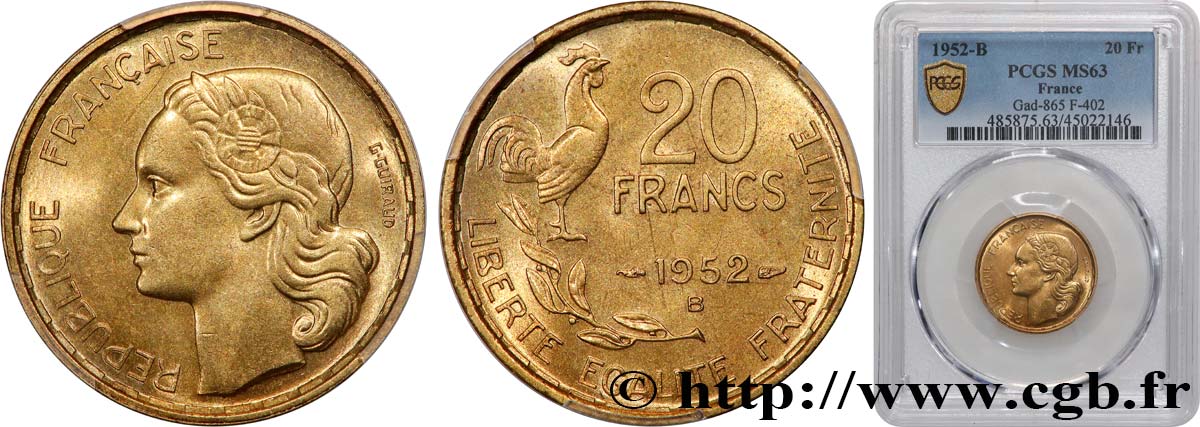 20 francs G. Guiraud 1952 Beaumont-Le-Roger F.402/10 SC63 PCGS