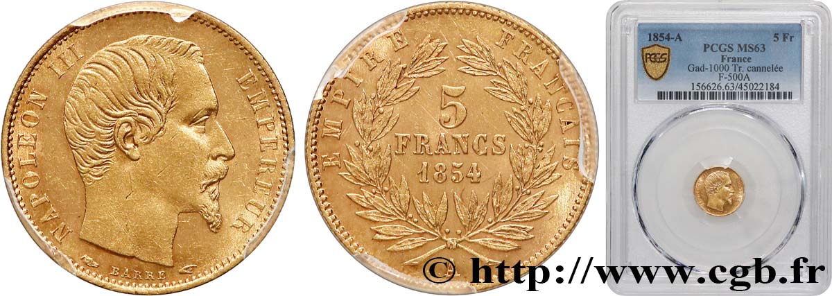 5 francs or Napoléon III, tête nue, petit module, tranche cannelée 1854 Paris F.500A/1 MS63 PCGS