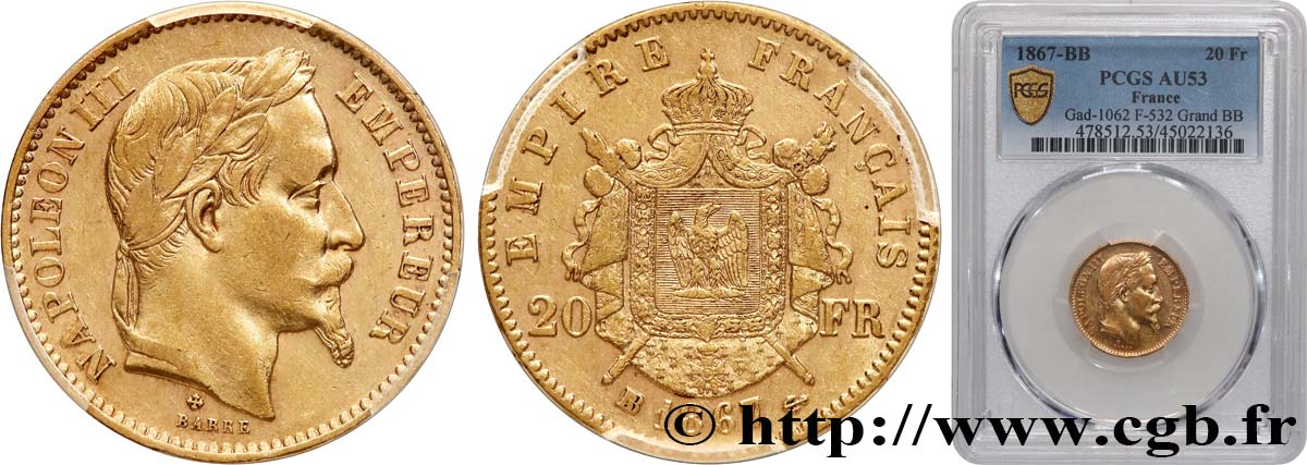 20 francs or Napoléon III, tête laurée, Grand BB 1867 Strasbourg F.532/17 AU53 PCGS
