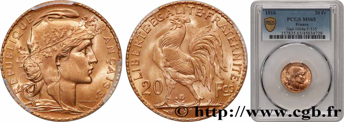 20 francs or Coq, Liberté Égalité Fraternité 1910 Paris F.535/4 ST65 PCGS