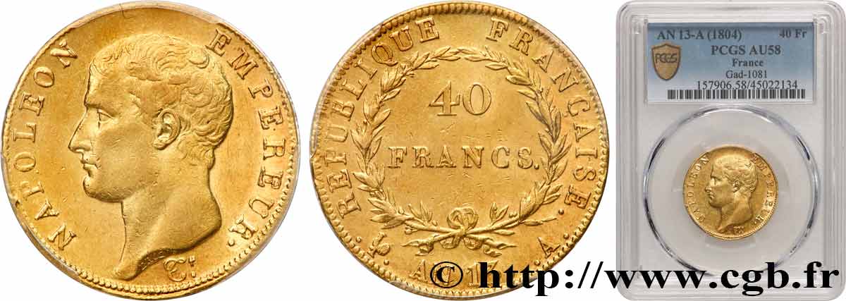 40 francs or Napoléon tête nue, Calendrier révolutionnaire 1805 Paris F.537/1 EBC58 PCGS