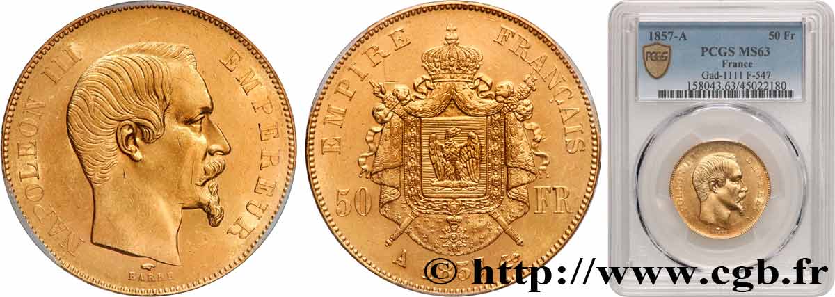 50 francs or Napoléon III, tête nue 1857 Paris F.547/4 fST63 PCGS