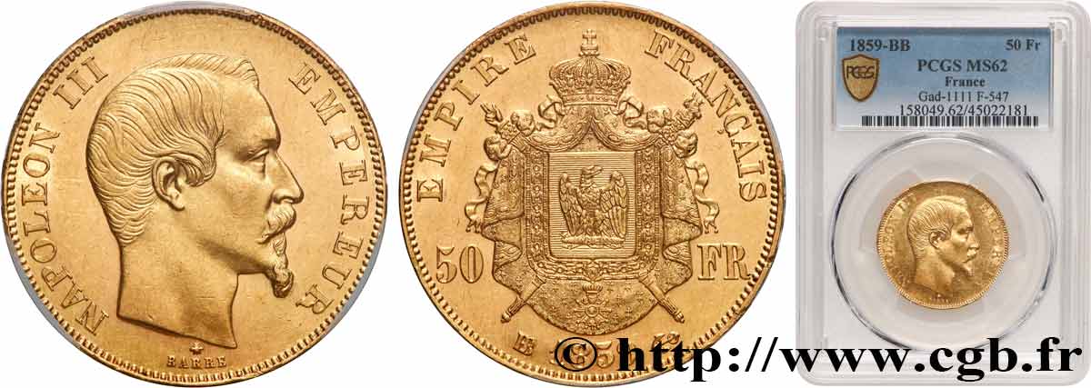 50 francs or Napoléon III, tête nue 1859 Strasbourg F.547/8 EBC62 PCGS