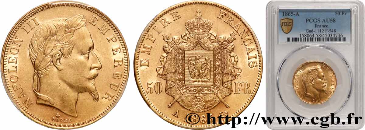 50 francs or Napoléon III, tête laurée 1865 Paris F.548/5 SUP58 PCGS