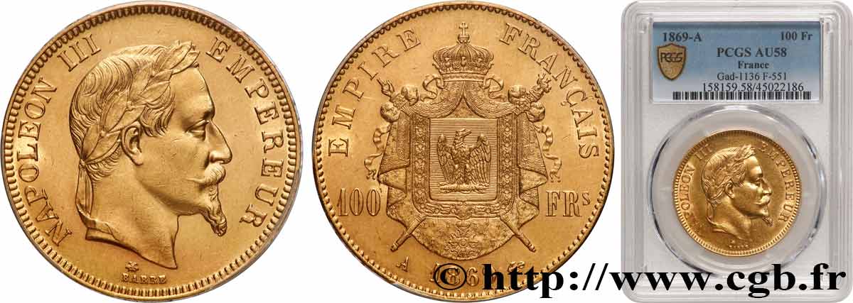 100 francs or Napoléon III, tête laurée 1869 Paris F.551/12 VZ58 PCGS