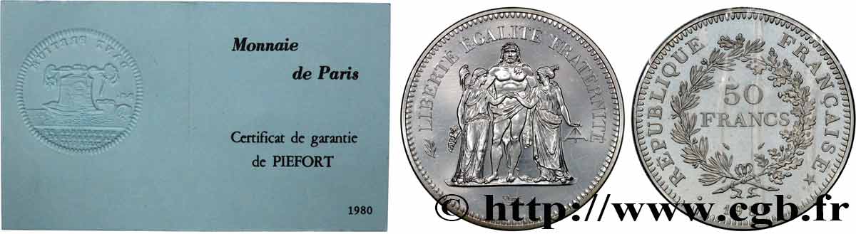 Piéfort Argent de 50 francs Hercule, Certificat n°Ag0001 ! 1980 Pessac GEM.223 P1 MS 