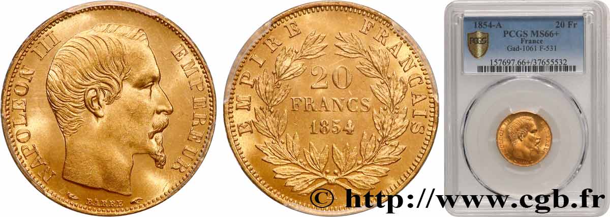 20 francs or Napoléon III, tête nue 1854 Paris F.531/2 MS66 PCGS