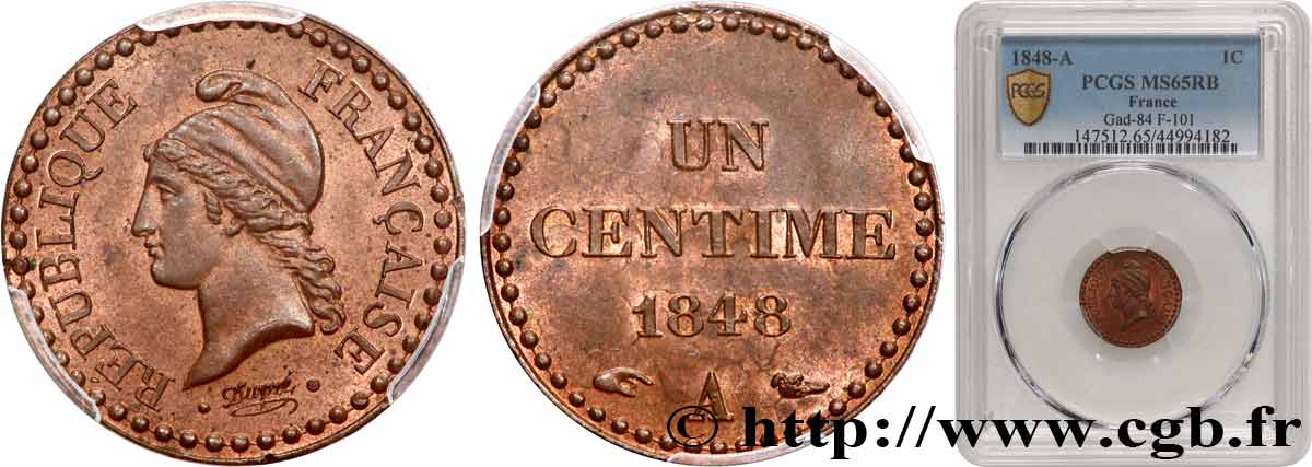 Un centime Dupré, IIe République 1848 Paris F.101/1 ST65 PCGS