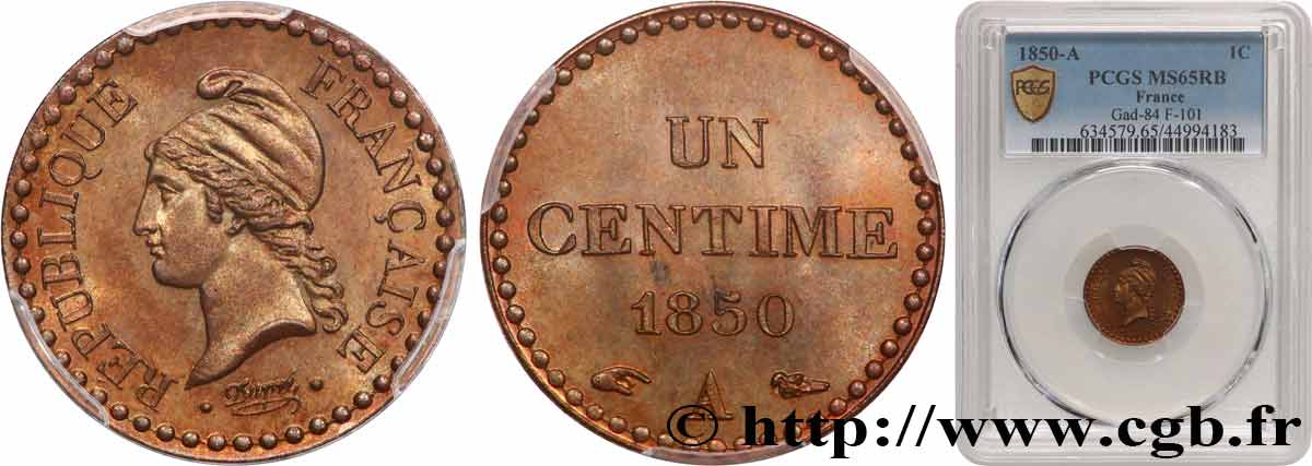 Un centime Dupré, IIe République 1850 Paris F.101/5 FDC65 PCGS