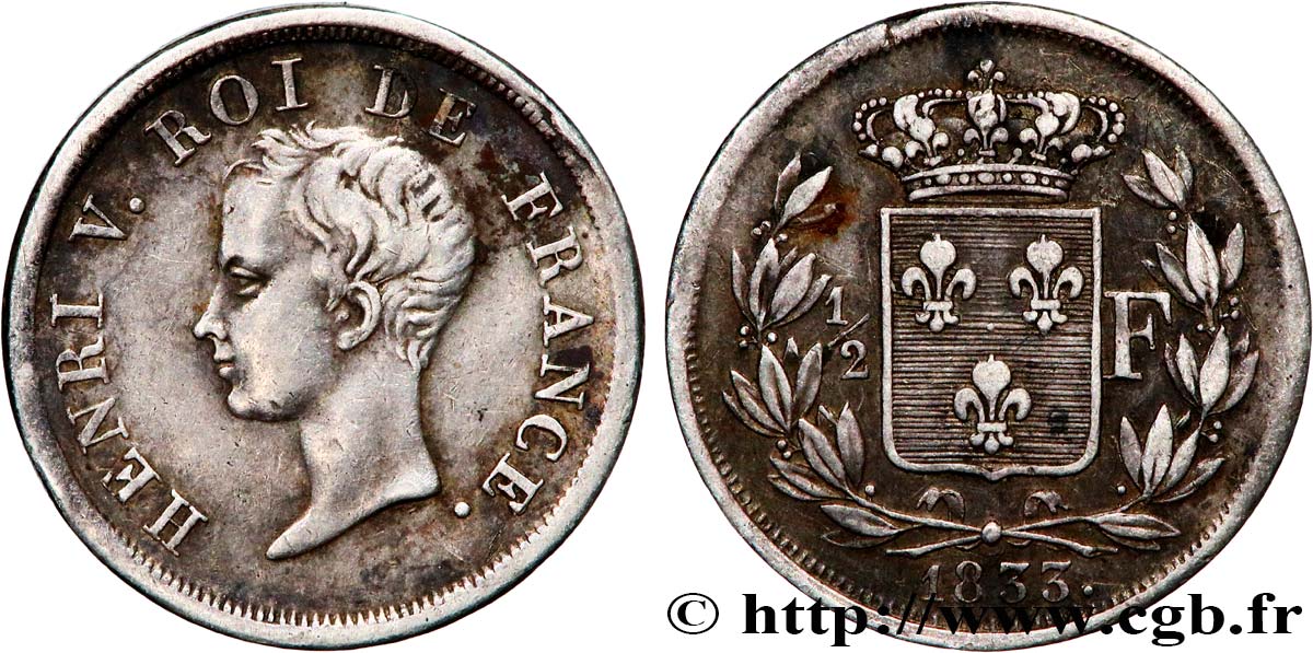 1/2 franc, buste juvénile 1833  VG.2713  TTB 