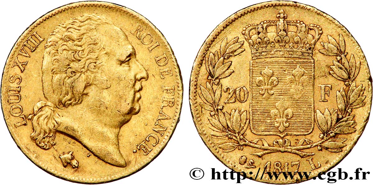 20 francs or Louis XVIII, tête nue 1817 Bayonne F.519/7 TB+ 