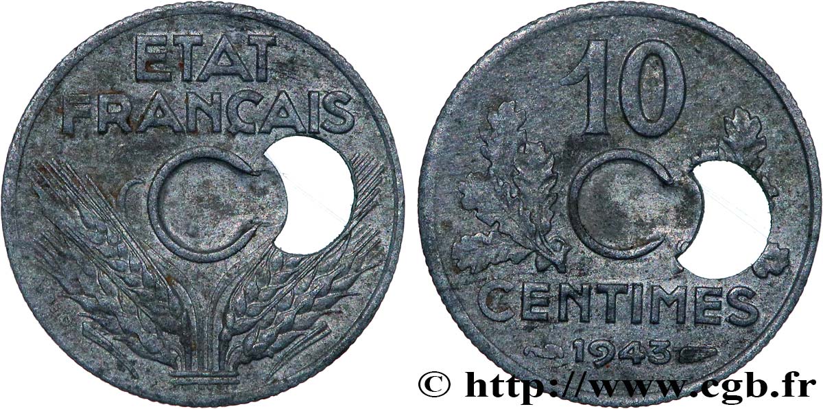 10 centimes État français, petit module, trou décentré 1943  F.142/2 var. TTB 