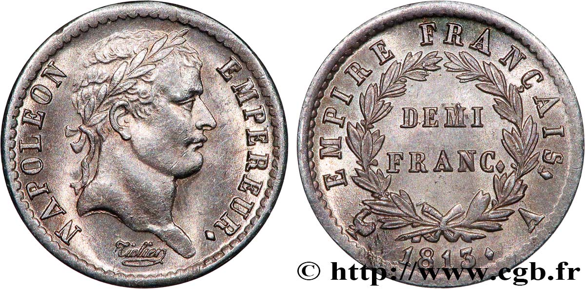 Demi-franc Napoléon Ier tête laurée, Empire français 1813 Paris F.178/49 MS62 