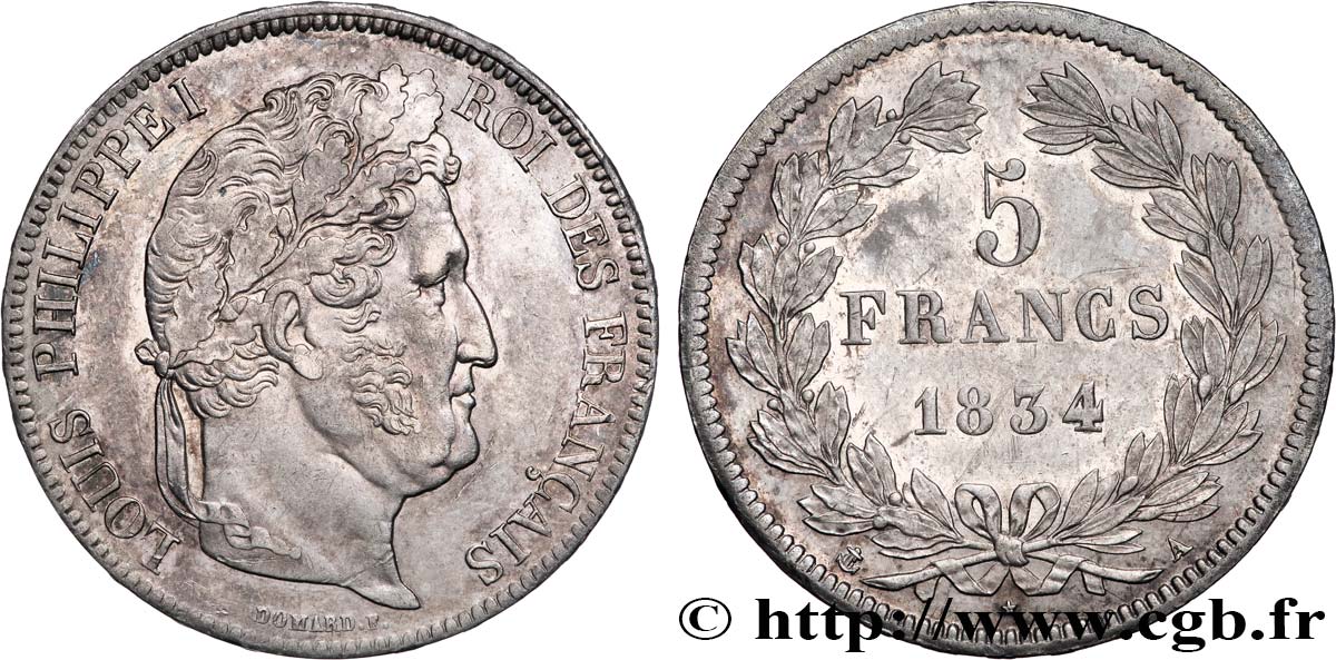 5 francs IIe type Domard 1834 Paris F.324/29 VZ58 