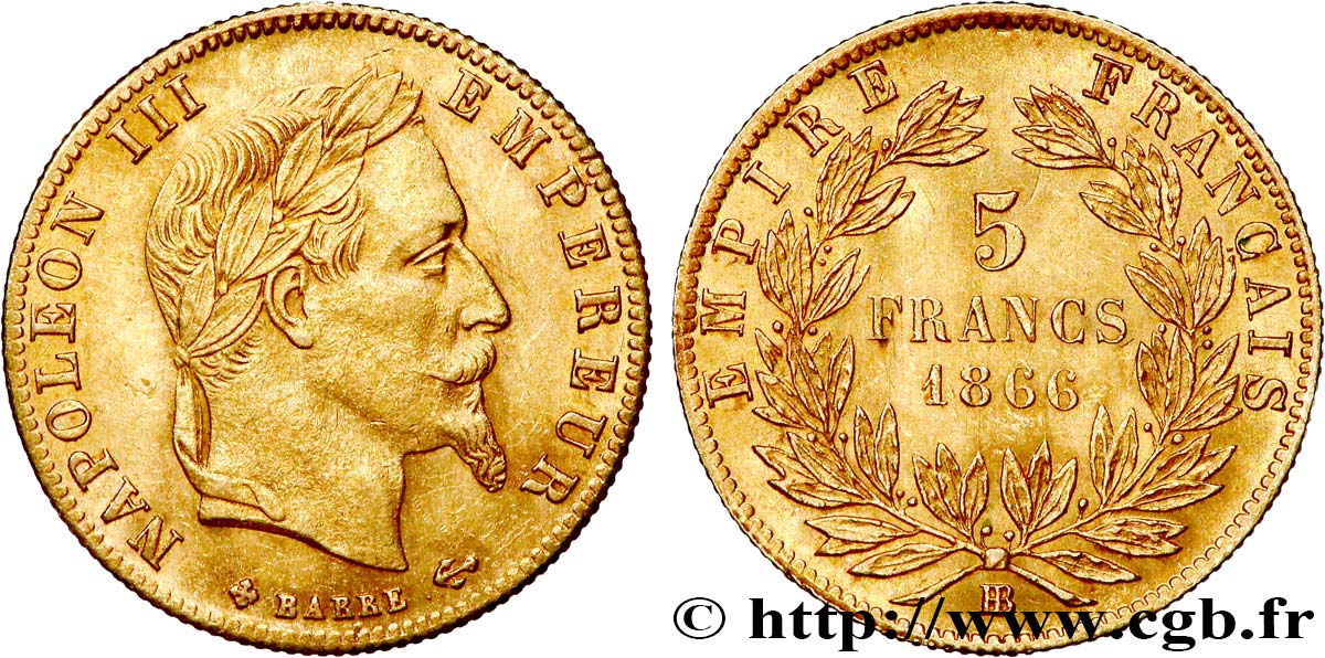5 francs or Napoléon III, tête laurée 1866 Strasbourg F.502/10 SUP60 