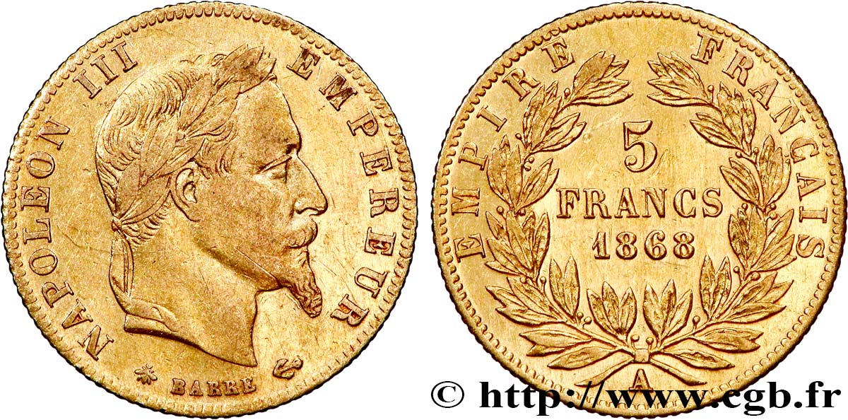 5 francs or Napoléon III, tête laurée 1868 Paris F.502/13 VF/AU 
