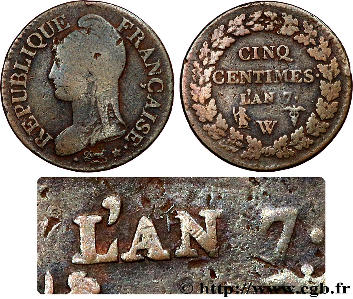 Cinq centimes Dupré, grand module, en L’AN/L’AZ 1799 Lille F.115/76 var. q.MB 