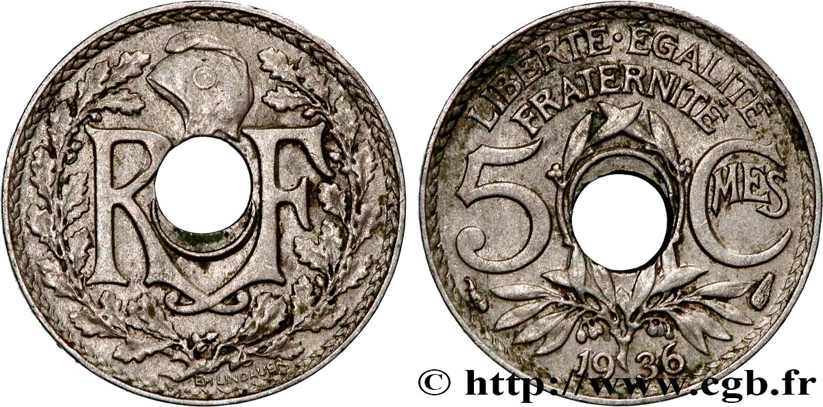 5 centimes Lindauer petit module, trou décentré 1936 Paris F.122/19 var. XF45 