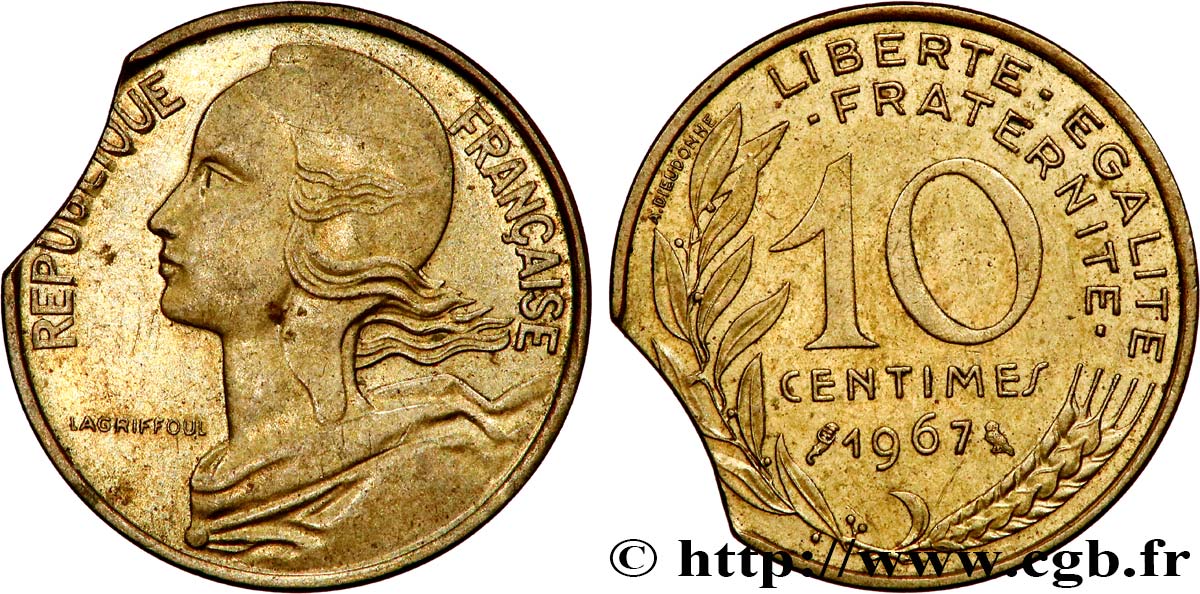 10 centimes Marianne, fauté clippé 1967 Paris F.144/7 var. AU 