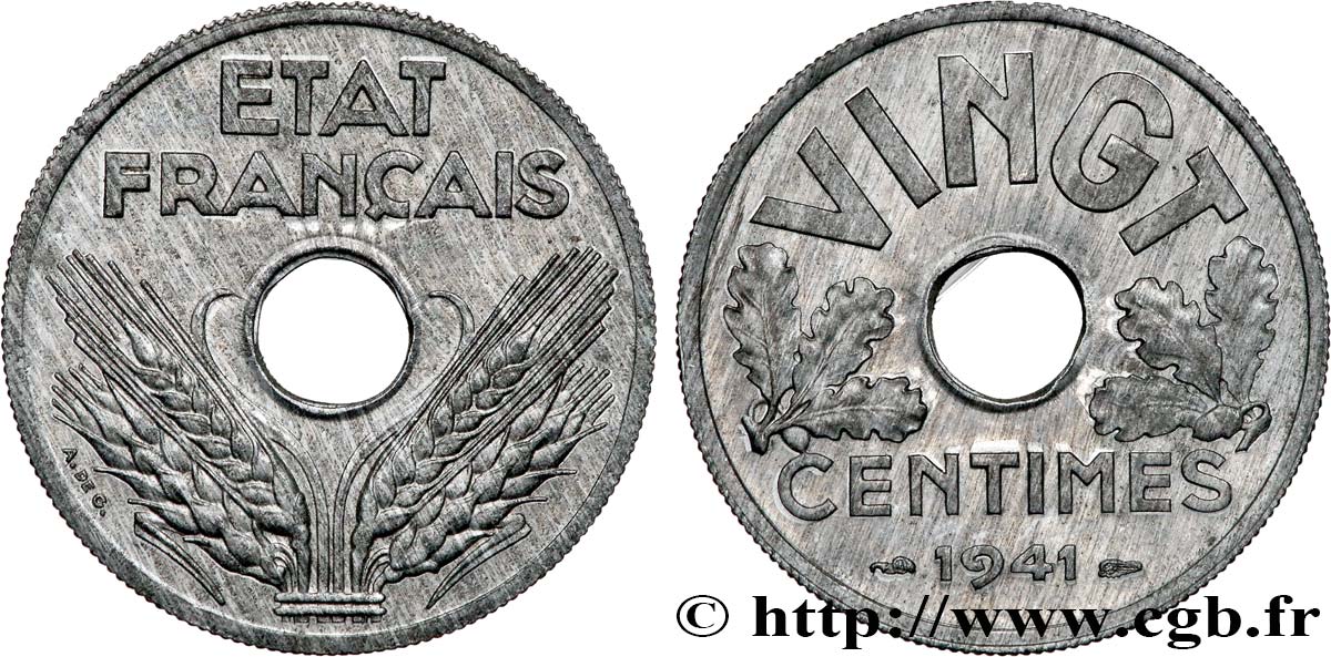VINGT centimes État français 1941  F.152/2 SPL64 