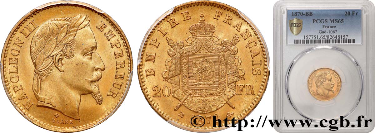20 francs or Napoléon III, tête laurée 1870 Strasbourg F.532/24 MS65 PCGS
