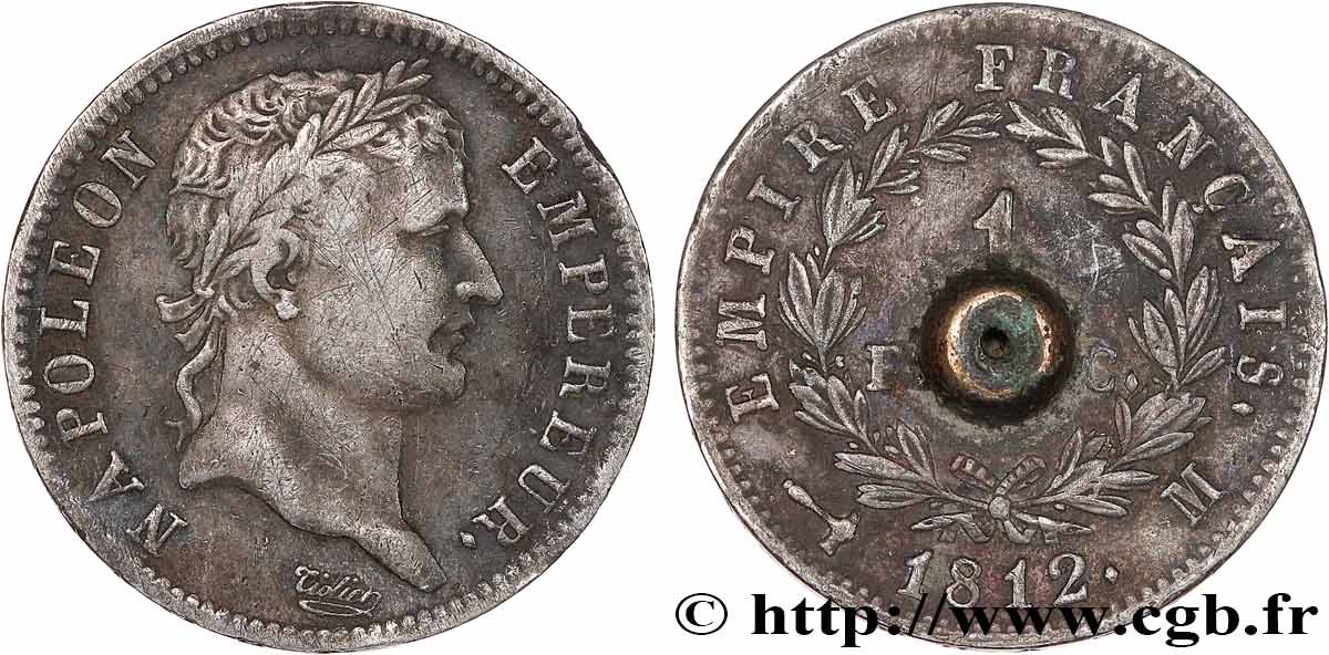 1 franc Napoléon Ier tête laurée, Empire français, transformé en bouton 1812 Toulouse F.205/50 var. TB 