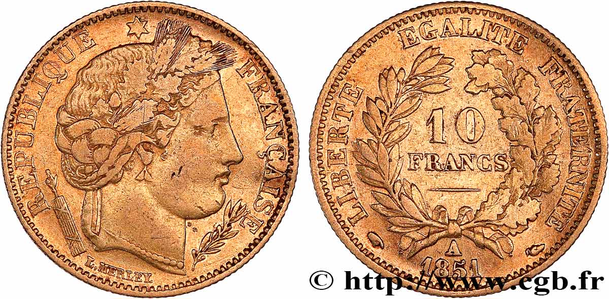 10 francs or Cérès, IIe République 1851 Paris F.504/3 VF 