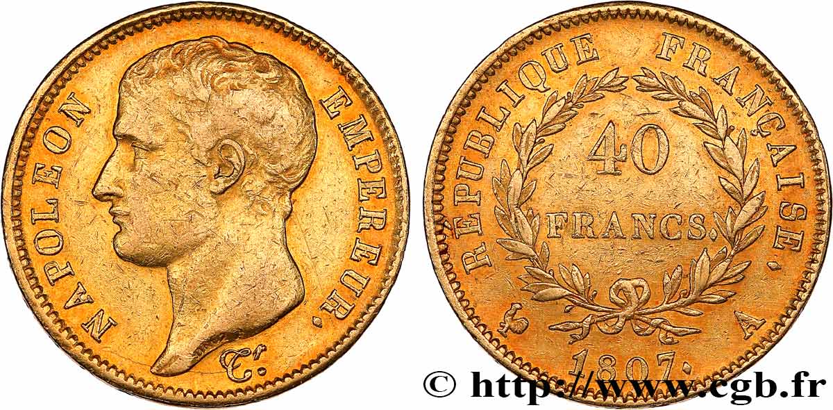 40 francs or Napoléon tête nue, type transitoire 1807 Paris F.539/1 XF45 