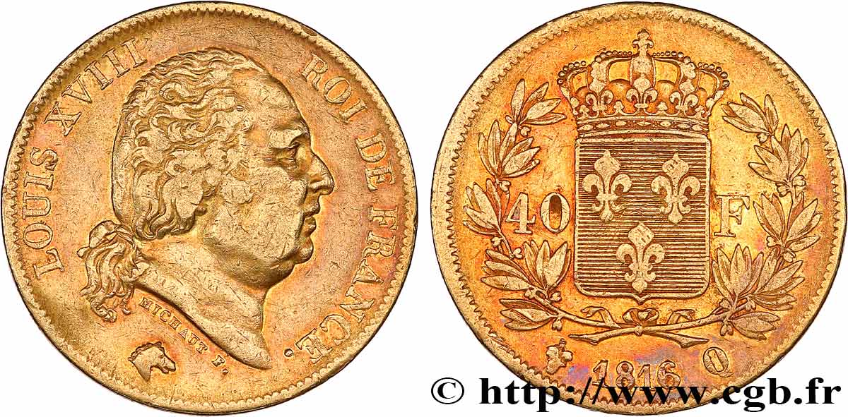 40 francs or Louis XVIII 1816 Perpignan F.542/4 S25 