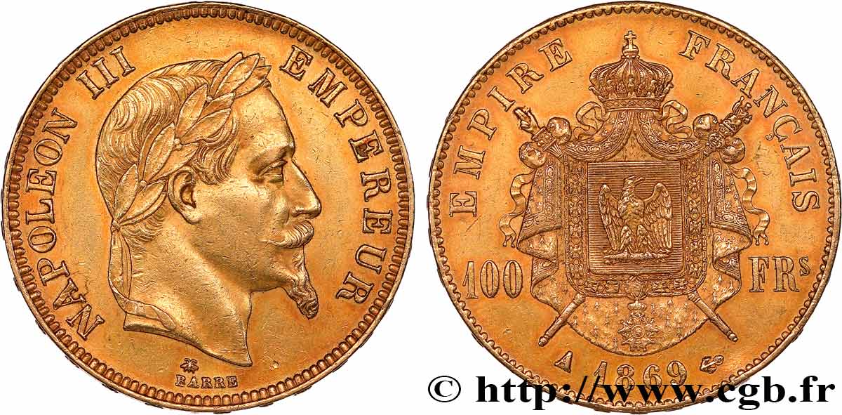 100 francs or Napoléon III, tête laurée 1869 Paris F.551/12 SUP 
