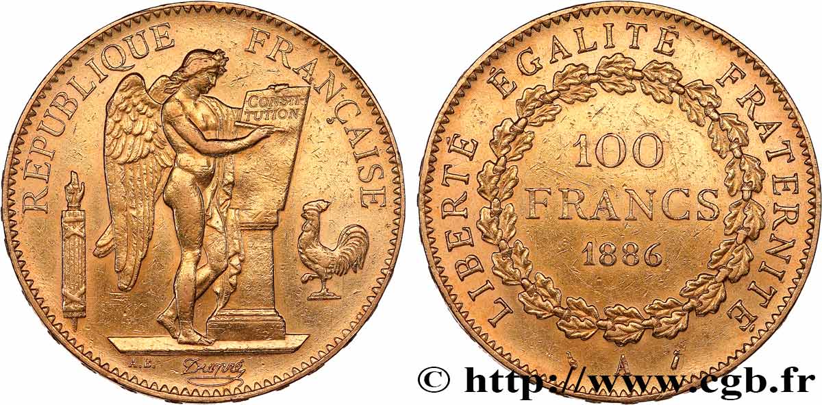 100 francs or Génie, tranche inscrite en relief Dieu protège la France 1886 Paris F.552/7 AU 